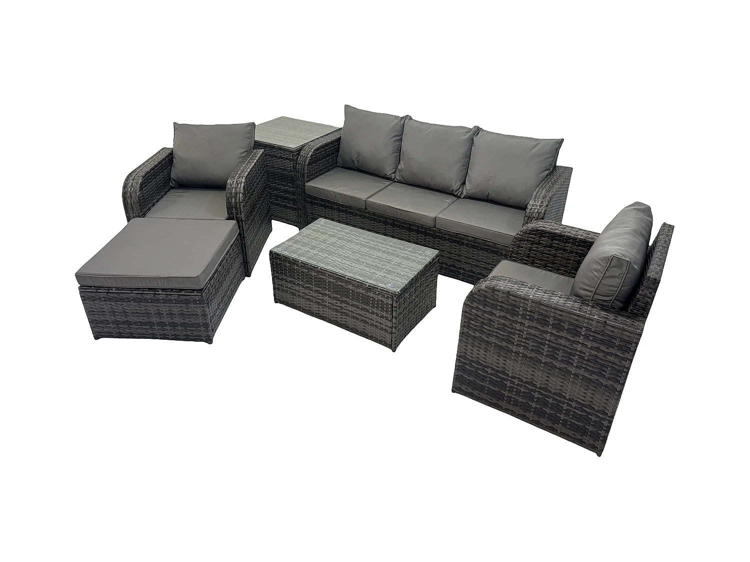 Salon de jardin exterieur 6 places Ensemble de canapés en rotin avec Chaise inclinable Table basse rectangulaire Grand tabouret Table d'appoint Gris foncé mixte