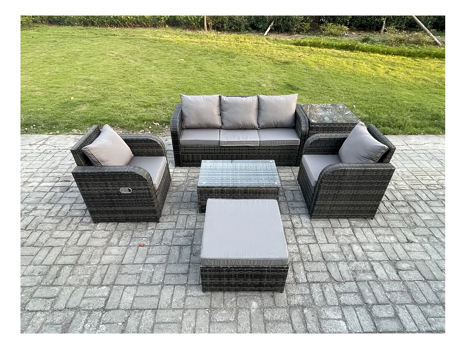 Salon de jardin exterieur 6 places Ensemble de canapés en rotin avec Chaise inclinable Table basse rectangulaire Grand tabouret Table d'appoint Gris foncé mixte