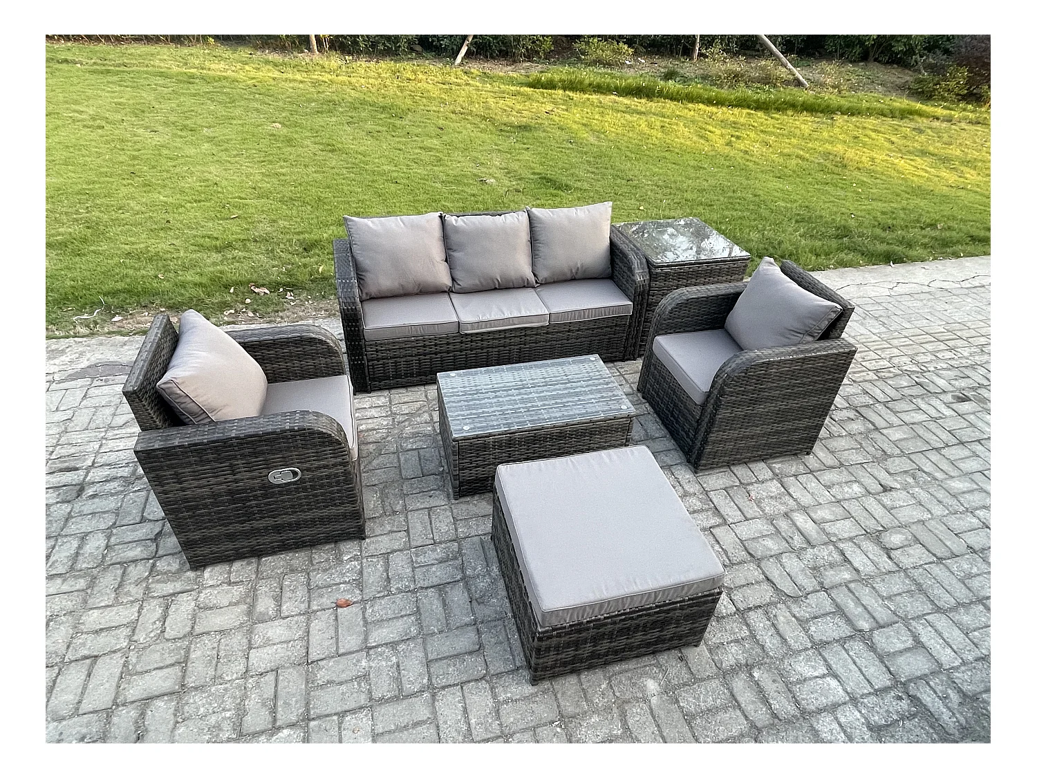 Salon de jardin exterieur 6 places Ensemble de canapés en rotin avec Chaise inclinable Table basse rectangulaire Grand tabouret Table d'appoint Gris foncé mixte