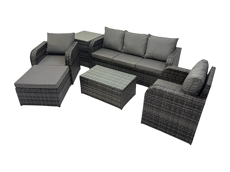 Salon de jardin exterieur 6 places Ensemble de canapés en rotin avec Chaise inclinable Table basse rectangulaire Grand tabouret Table d'appoint Gris foncé mixte