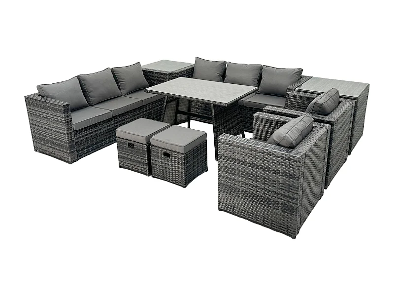 Polyrattan Gartenmöbel Set im Balkon Lounge Sofa Garten Esstisch Set mit 2 Beistelltischen 2 Hockern 2 Sesseln 10-Sitzer Dunkelgrau Gemischt