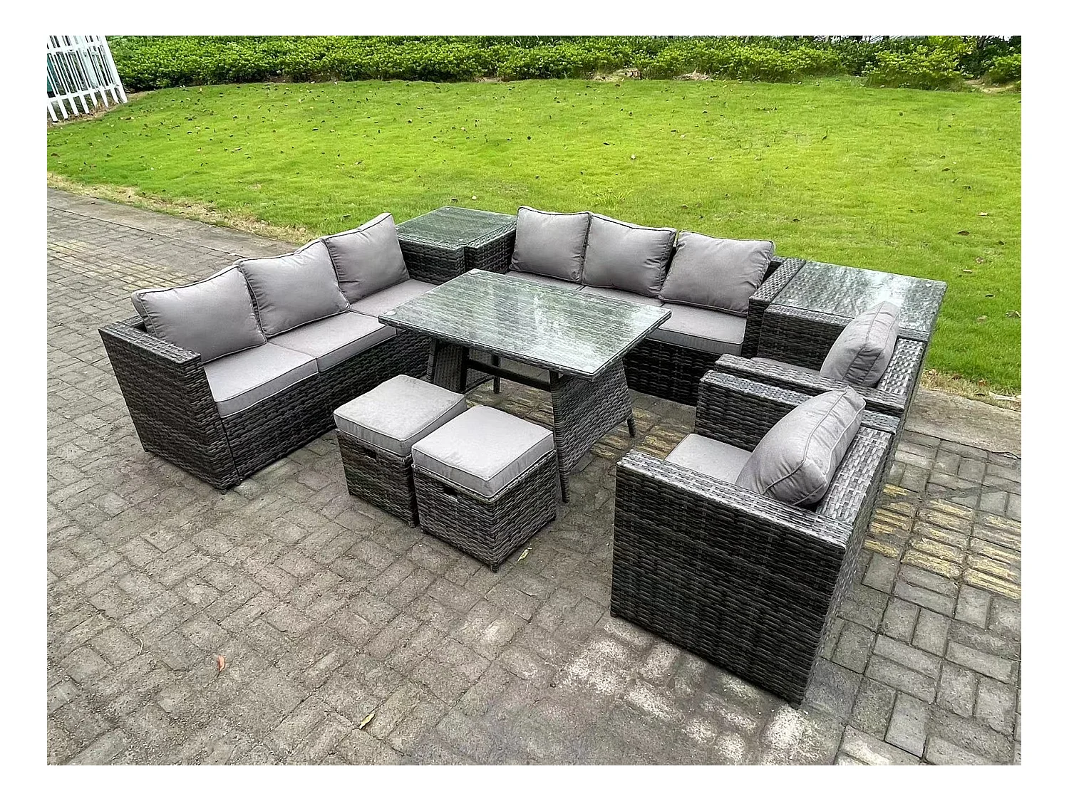 Polyrattan Gartenmöbel Set im Balkon Lounge Sofa Garten Esstisch Set mit 2 Beistelltischen 2 Hockern 2 Sesseln 10-Sitzer Dunkelgrau Gemischt