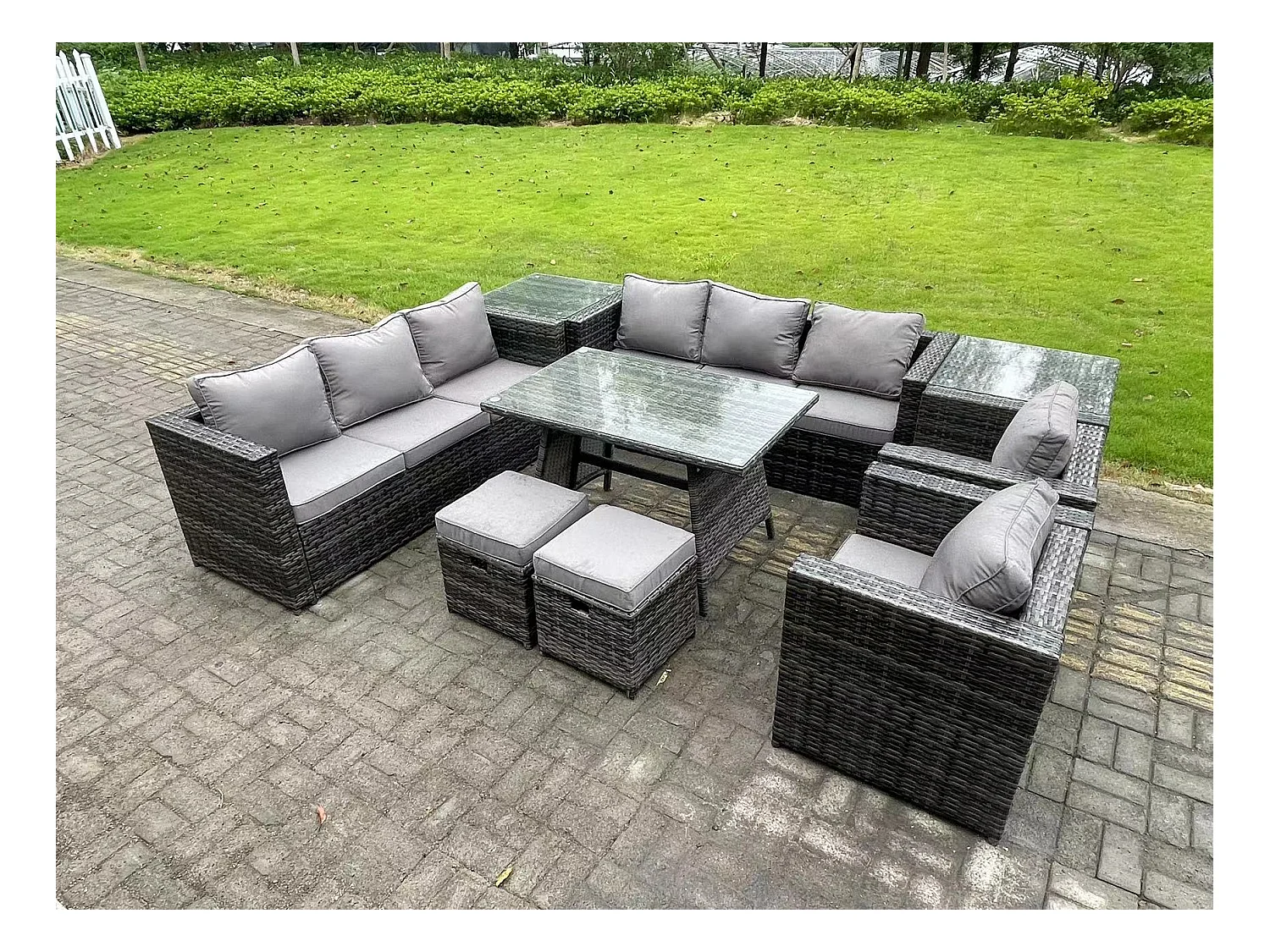 Polyrattan Gartenmöbel Set im Balkon Lounge Sofa Garten Esstisch Set mit 2 Beistelltischen 2 Hockern 2 Sesseln 10-Sitzer Dunkelgrau Gemischt
