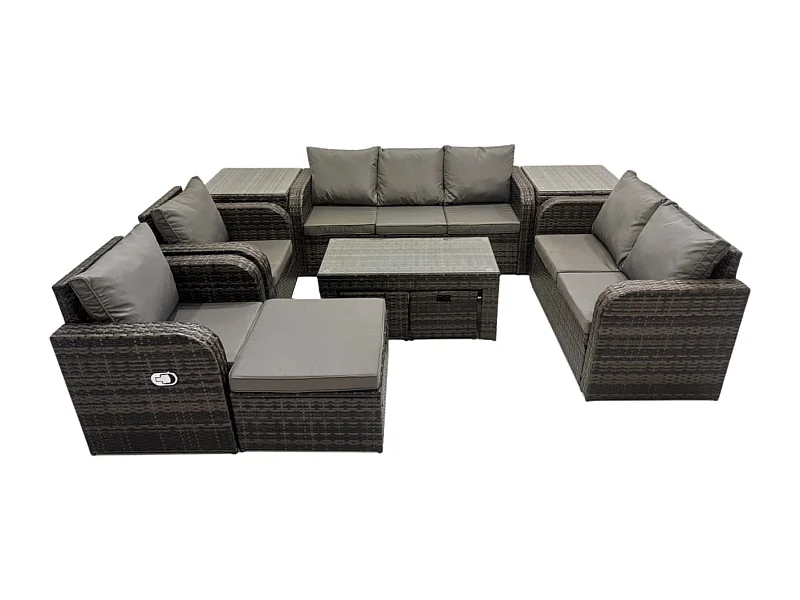 10-Sitzer Polyrattan Gartenmöbelset Rattan Lounge Sofa Set mit Rechteckiger Couchtisch 2 Beistelltischen 3 Hockern Dunkelgrau Gemischt