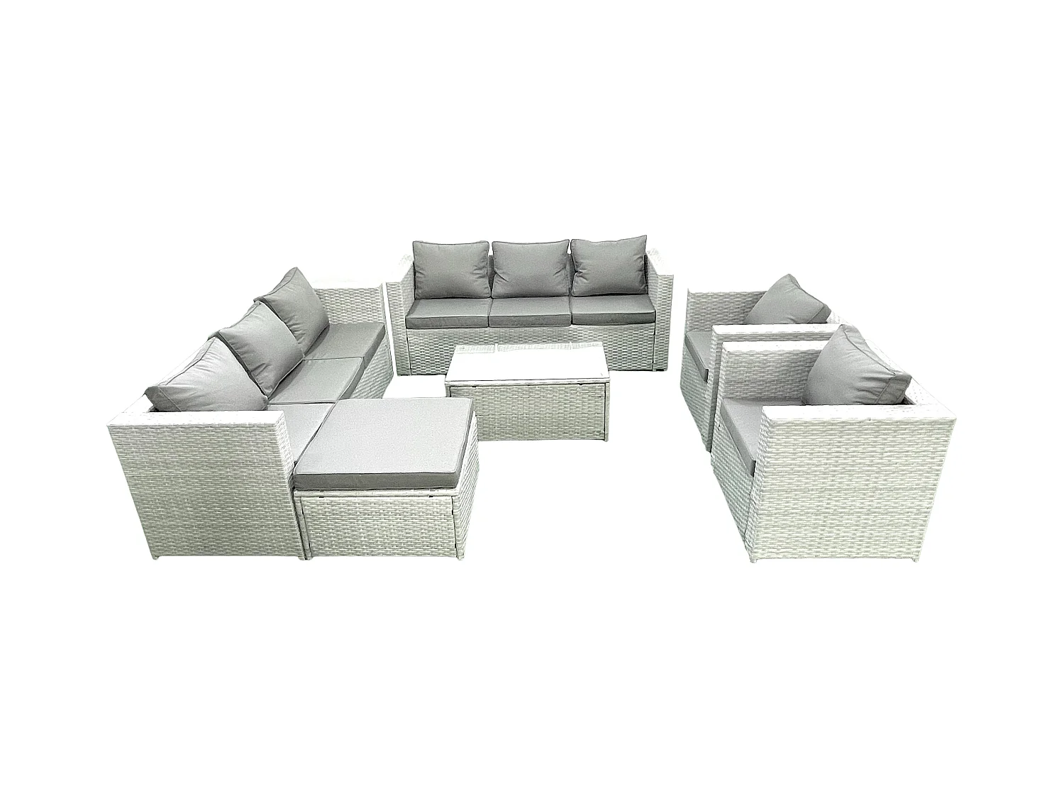 Rattan Sofa Gartenmöbel Set mit 2 Sesseln Rechteckiger Couchtisch 2 Großer Hockern Hellgrau gemischt