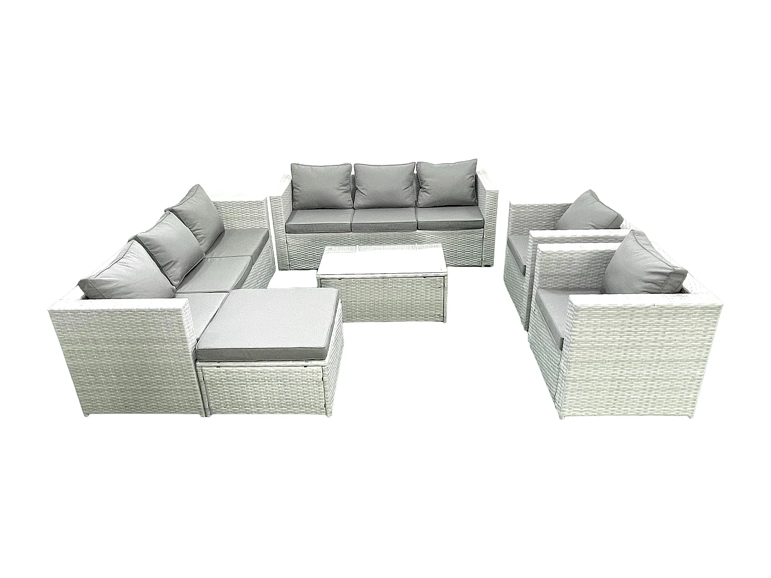 Salon de Jardin en rotin avec 2 Fauteuil Table basse oblongue Grand tabouret Gris clair mixte