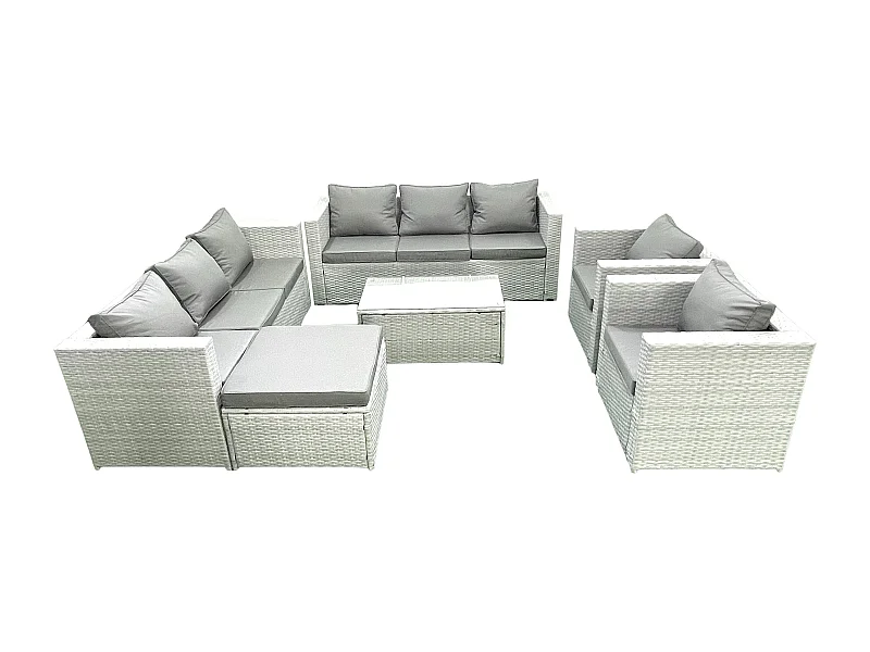 Salon de Jardin en rotin avec 2 Fauteuil Table basse oblongue Grand tabouret Gris clair mixte