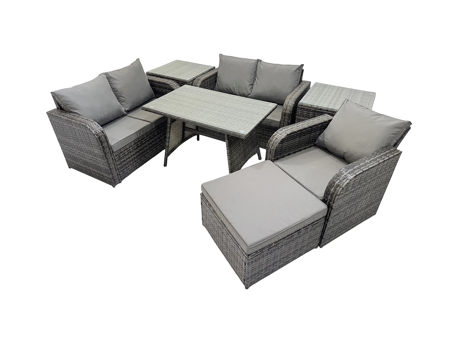 7 Stücke Polyrattan Gartenmöbel Set mit Esstisch Sesseln Love Sofa 2 Beistelltischen 2 Großer Hockern Dunkelgrau Gemischt