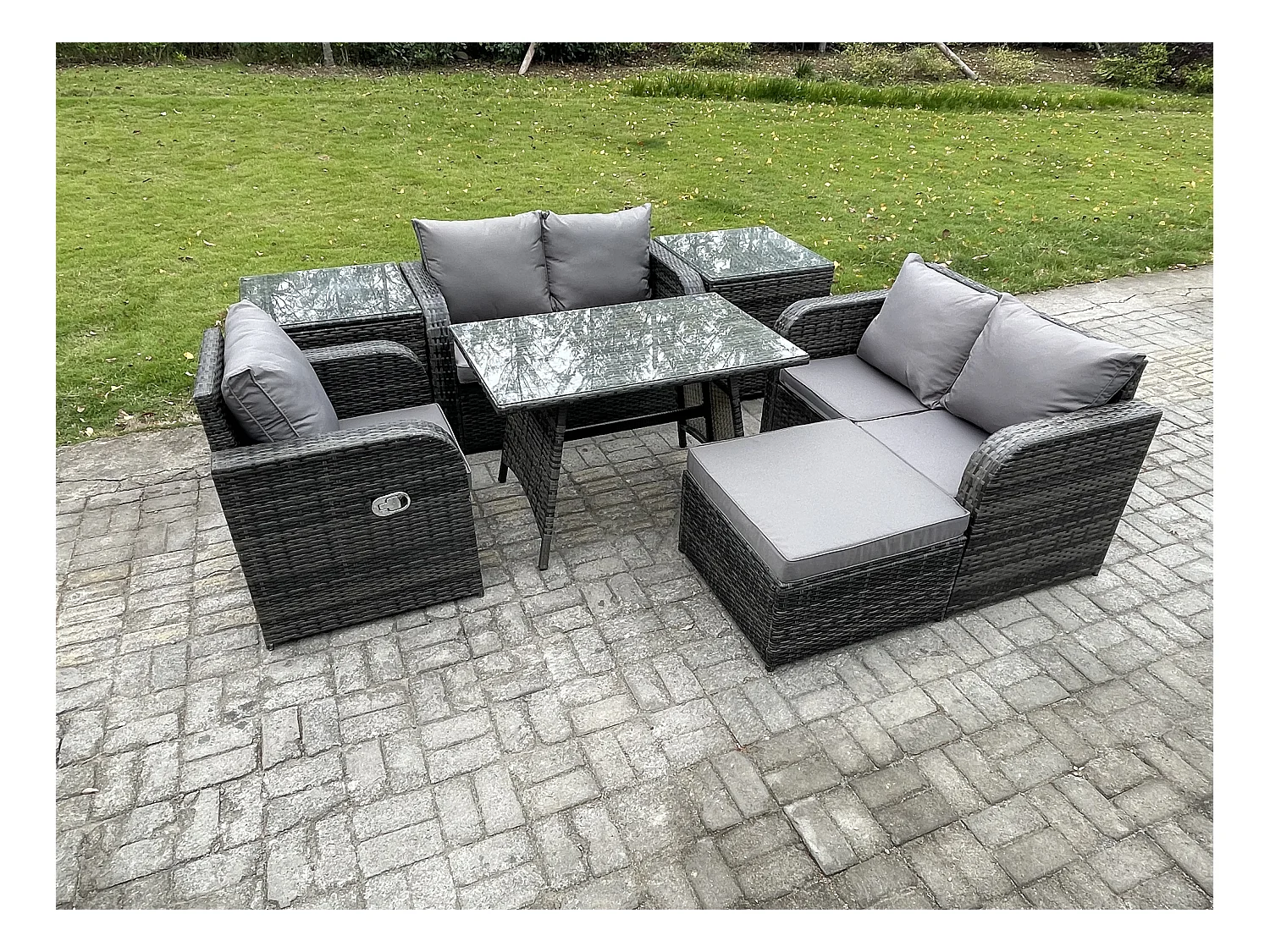 7 Stücke Polyrattan Gartenmöbel Set mit Esstisch Sesseln Love Sofa 2 Beistelltischen 2 Großer Hockern Dunkelgrau Gemischt