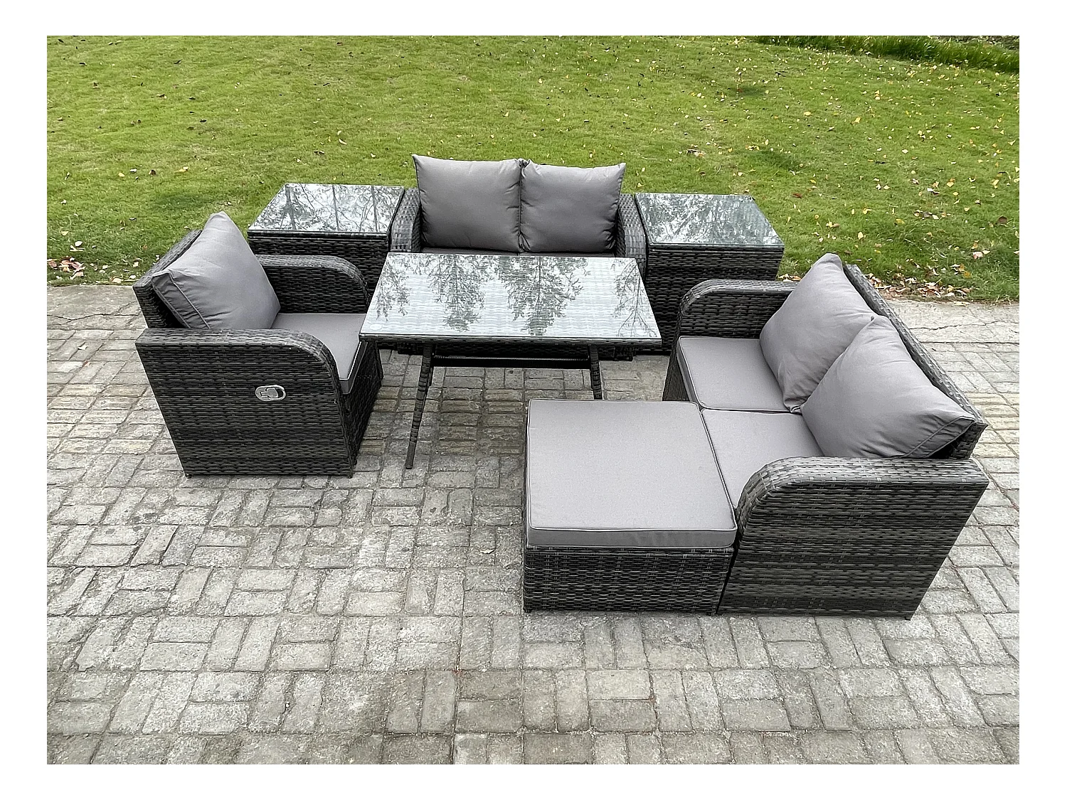 7 Stücke Polyrattan Gartenmöbel Set mit Esstisch Sesseln Love Sofa 2 Beistelltischen 2 Großer Hockern Dunkelgrau Gemischt