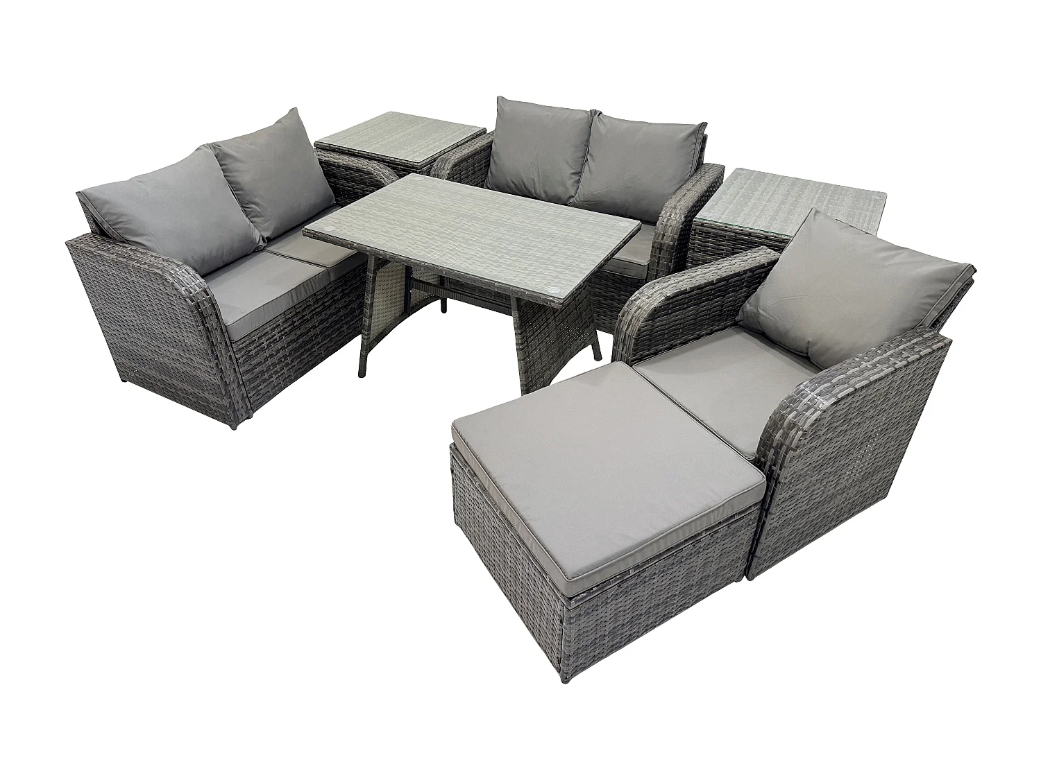 7 Stücke Polyrattan Gartenmöbel Set mit Esstisch Sesseln Love Sofa 2 Beistelltischen 2 Großer Hockern Dunkelgrau Gemischt