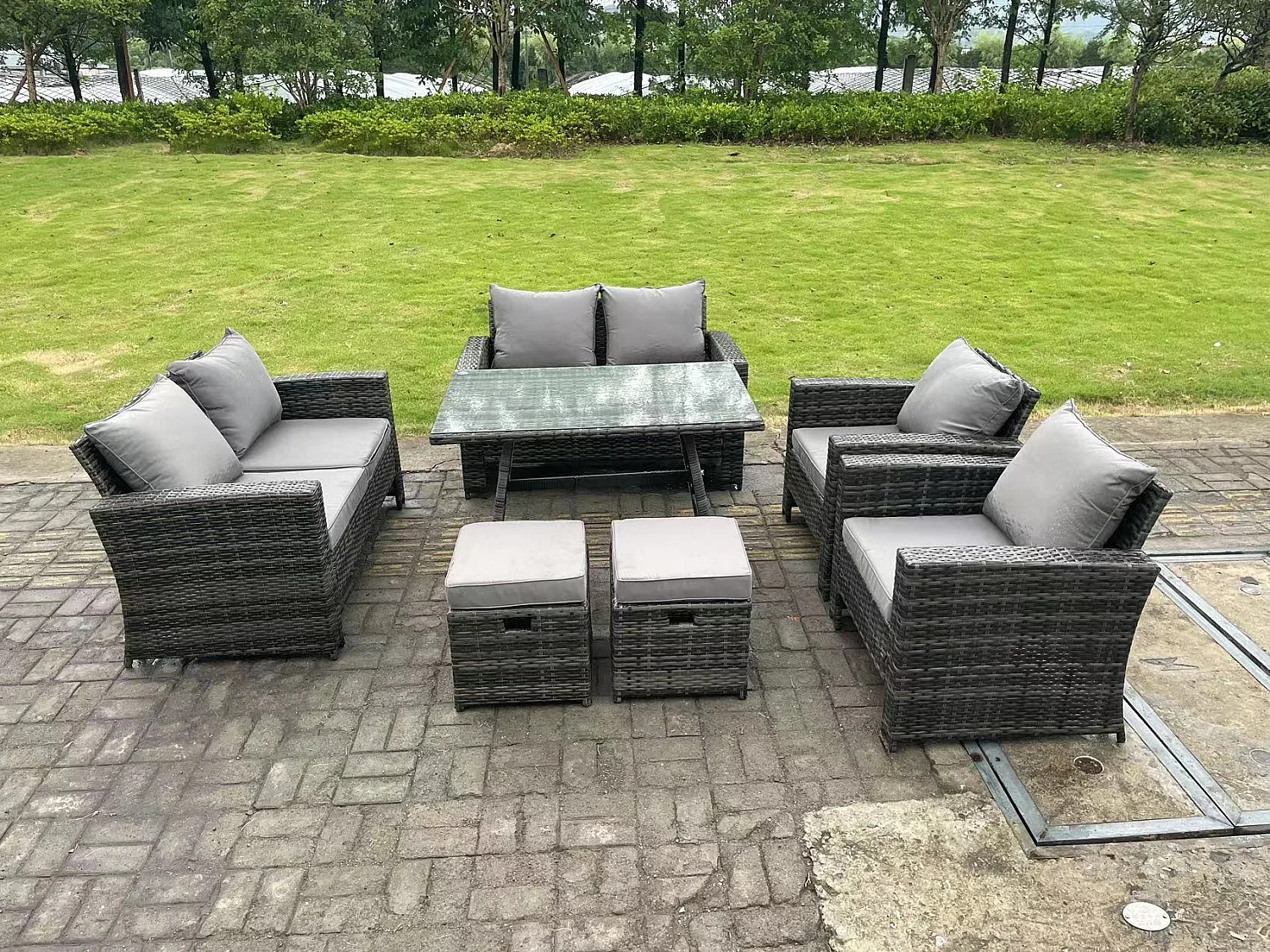 8-Sitzer Dunkelgrau Gemischt Hoher Rücken Rattan Sofa Esstisch Set Gartenmöbel Set mit Love Sofa Sessel 2 Hockern