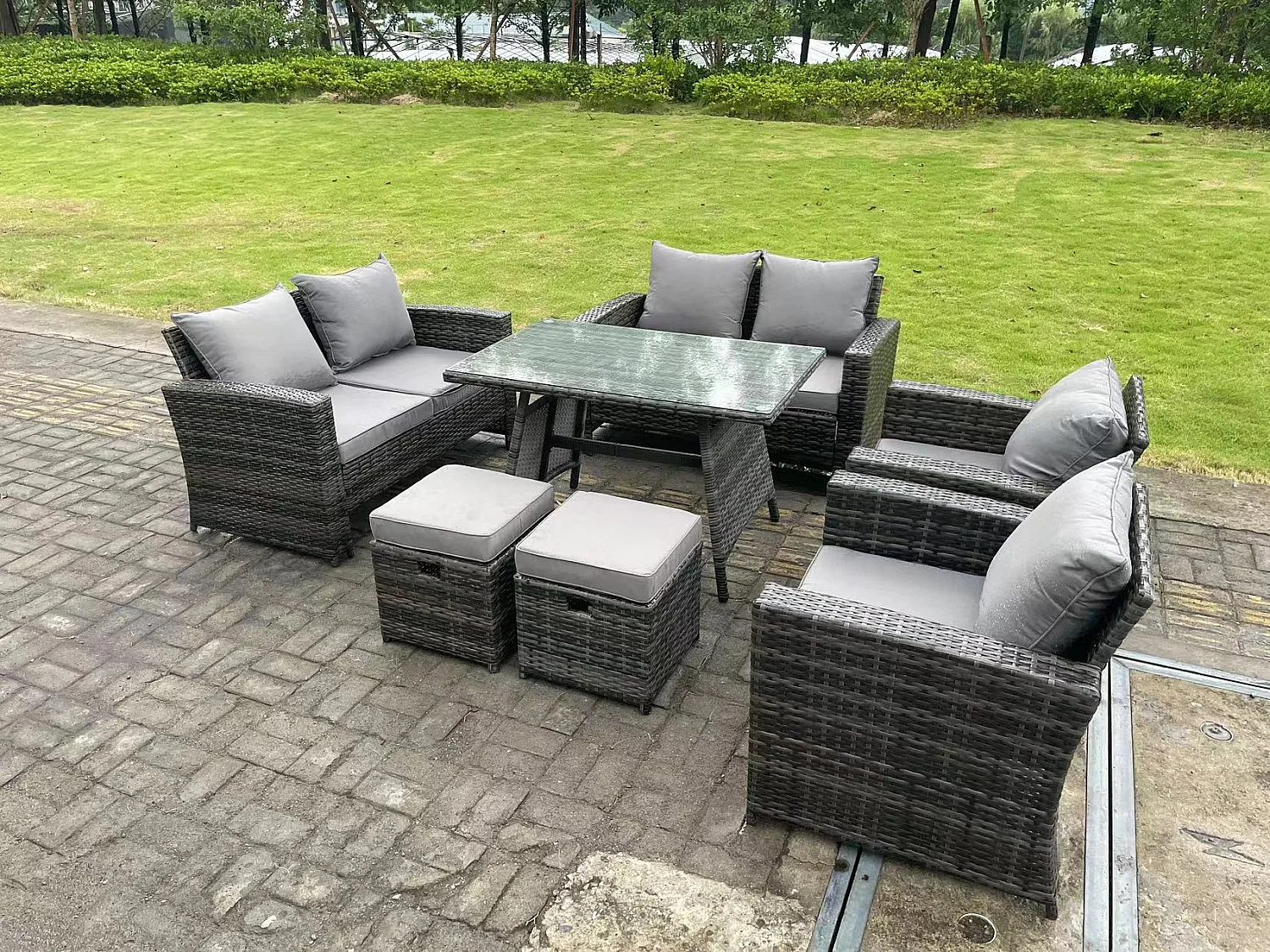 8-Sitzer Dunkelgrau Gemischt Hoher Rücken Rattan Sofa Esstisch Set Gartenmöbel Set mit Love Sofa Sessel 2 Hockern