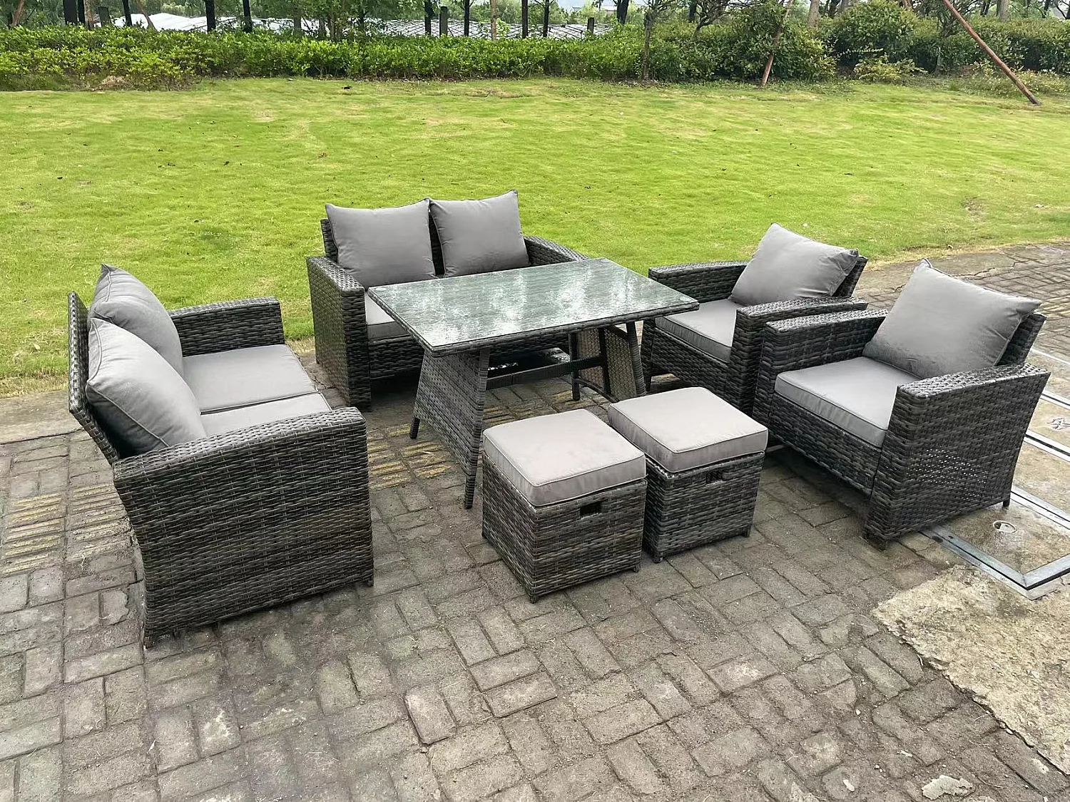 8-Sitzer Dunkelgrau Gemischt Hoher Rücken Rattan Sofa Esstisch Set Gartenmöbel Set mit Love Sofa Sessel 2 Hockern