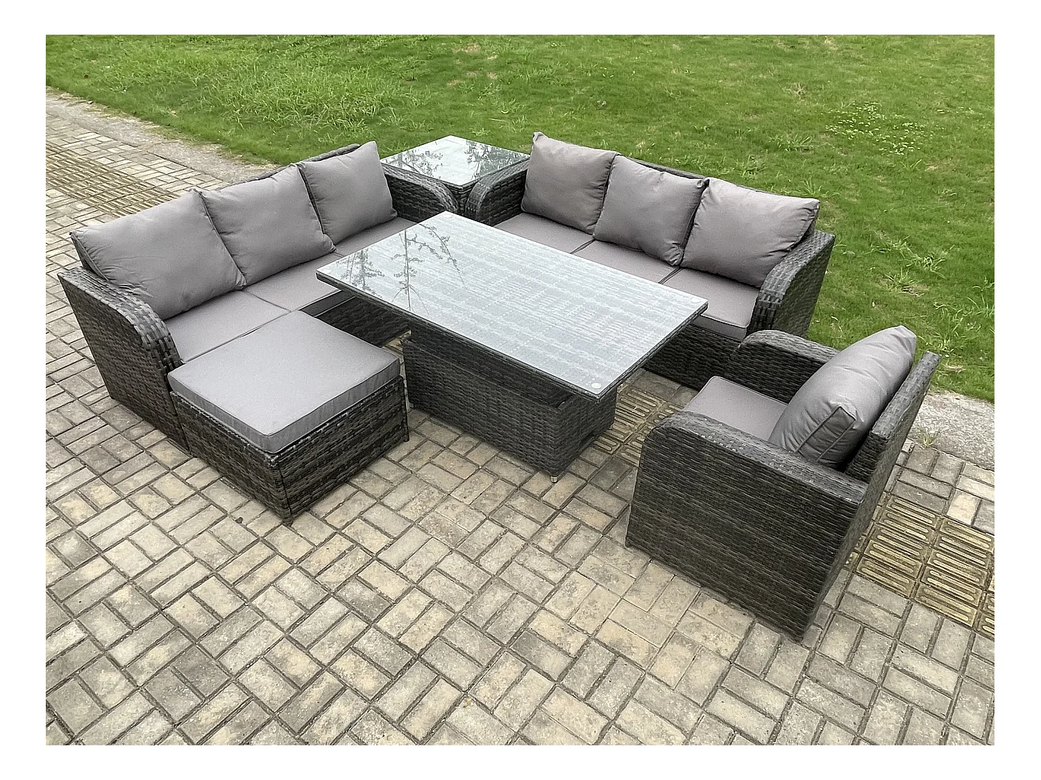 Salon de jardin Table à manger réglable en hauteur Canapé avec Chaise inclinable Grand tabouret Table d'appoint Gris foncé mixte