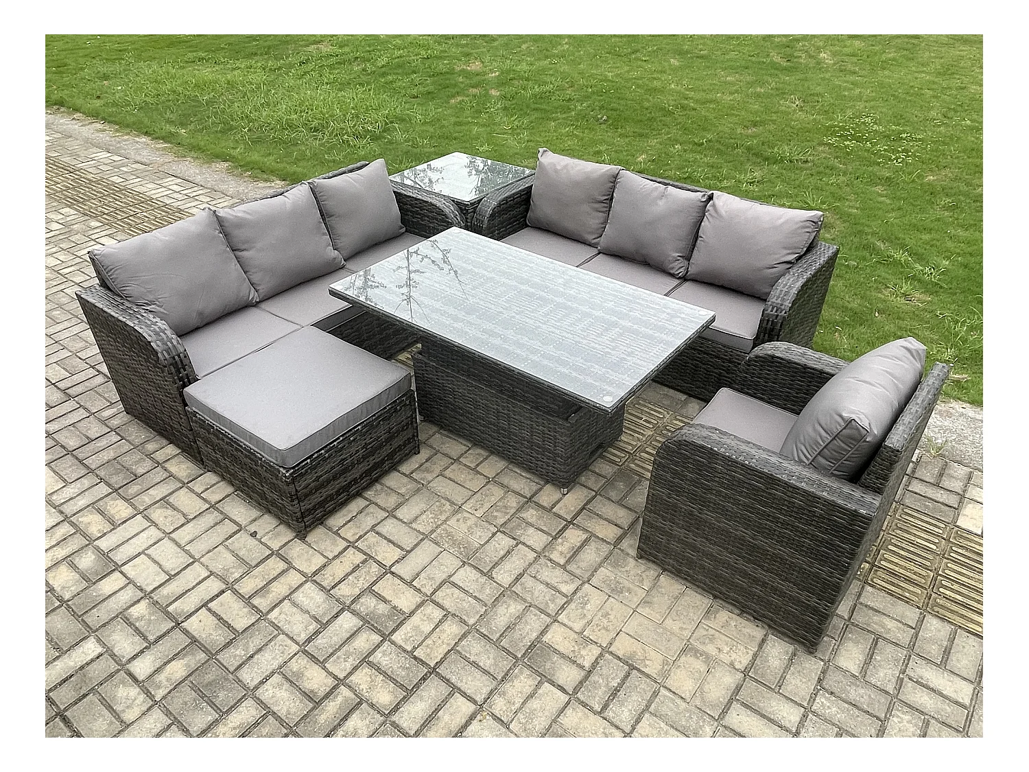 Salon de jardin Table à manger réglable en hauteur Canapé avec Chaise inclinable Grand tabouret Table d'appoint Gris foncé mixte