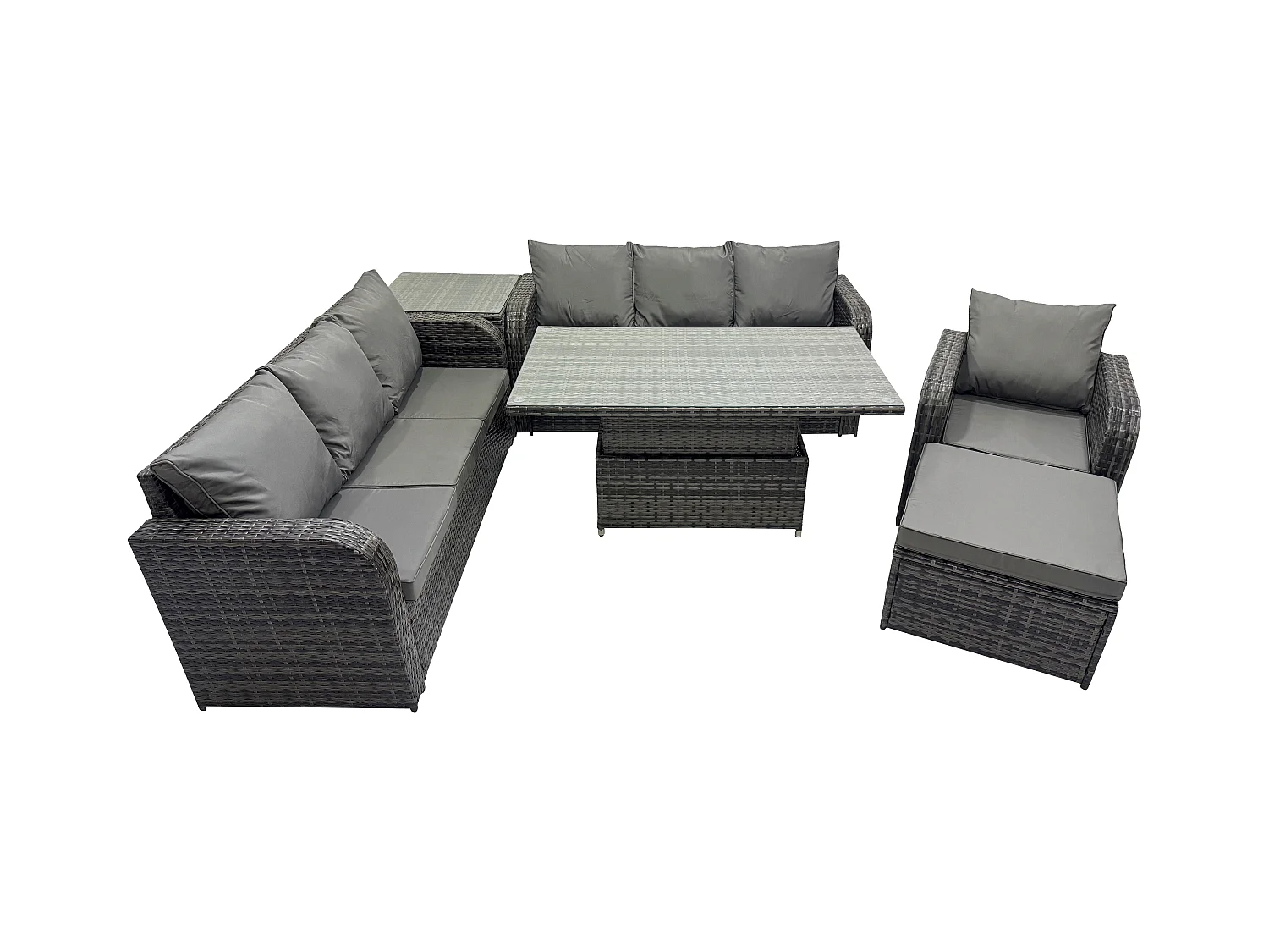 Outdoor Polyrattan Gartenmöbel Sets höhenverstellbarer Tisch Sofa Set mit Liegestühle 2 Großer Hockern Beistelltisch Dunkelgrau Gemischt