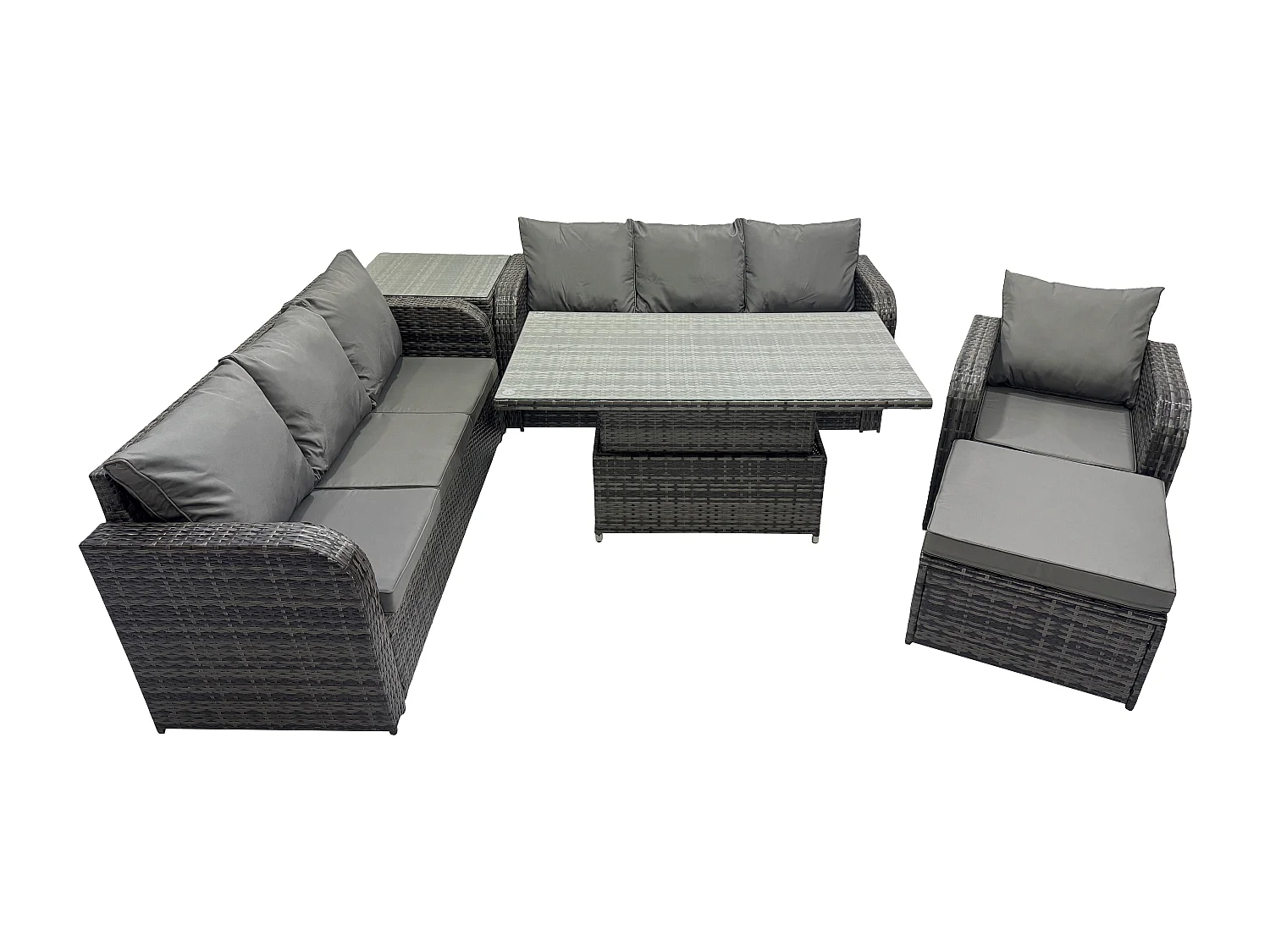 Salon de jardin Table à manger réglable en hauteur Canapé avec Chaise inclinable Grand tabouret Table d'appoint Gris foncé mixte