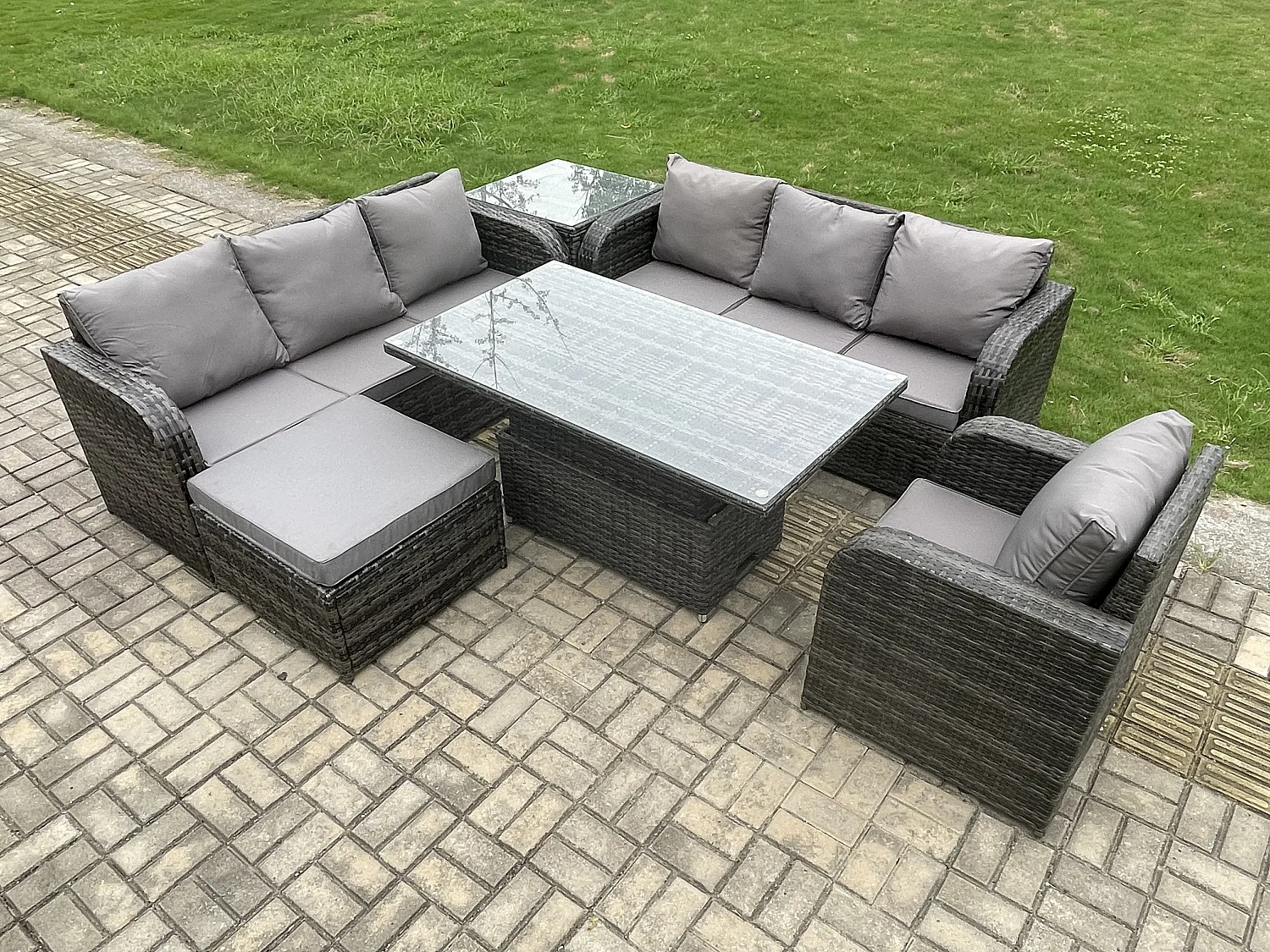 Salon de jardin Table à manger réglable en hauteur Canapé avec Chaise inclinable Grand tabouret Table d'appoint Gris foncé mixte