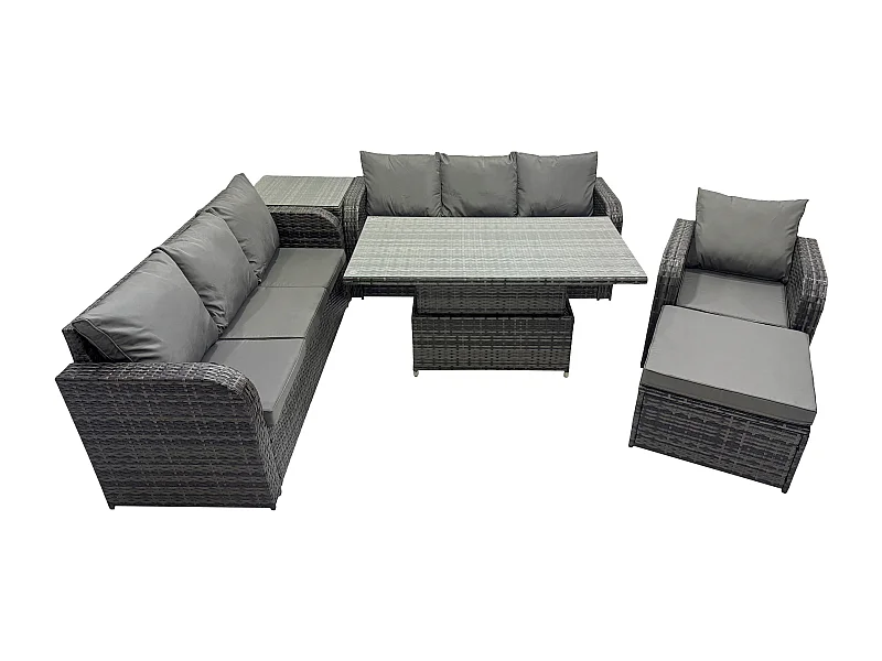 Salon de jardin Table à manger réglable en hauteur Canapé avec Chaise inclinable Grand tabouret Table d'appoint Gris foncé mixte