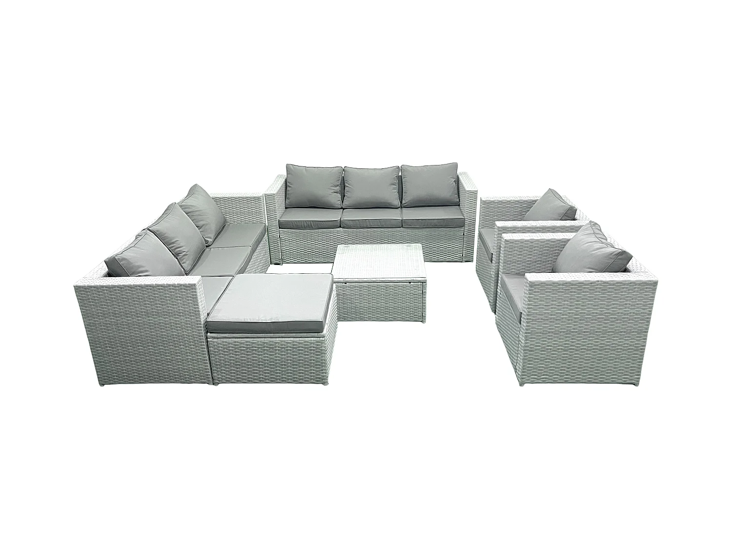 Rattan Sofa Gartenmöbel Set mit 2 Sesseln Quadratischer Couchtisch 2 Großer Hockern Hellgrau gemischt
