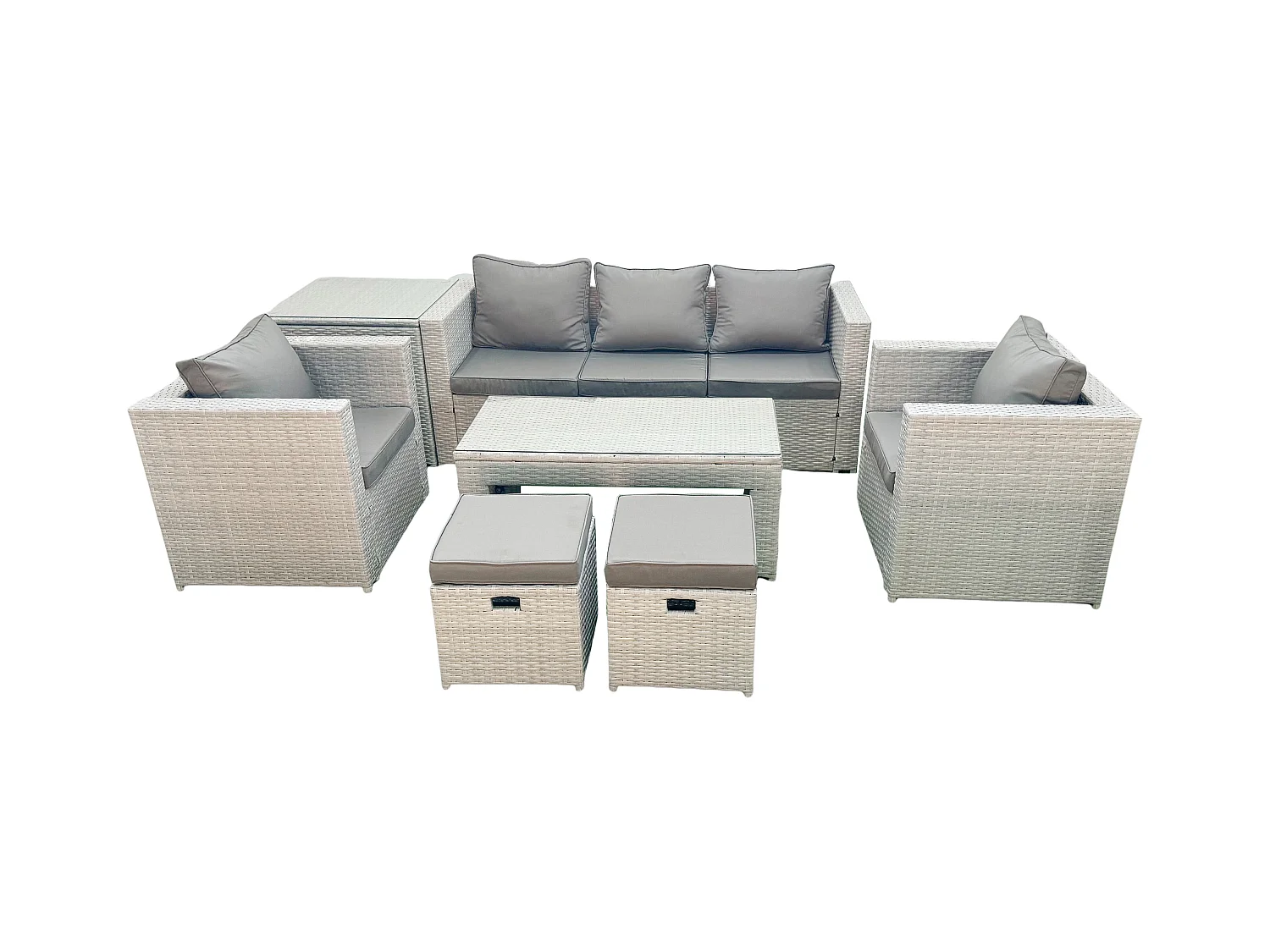 Polyrattan Gartenmöbel Set 7-Sitzer Outdoor Garten Sofa Rechteckiger Couchtisch Set mit 2 Sesseln 2 Hockern Beistelltisch Hellgrau gemischt