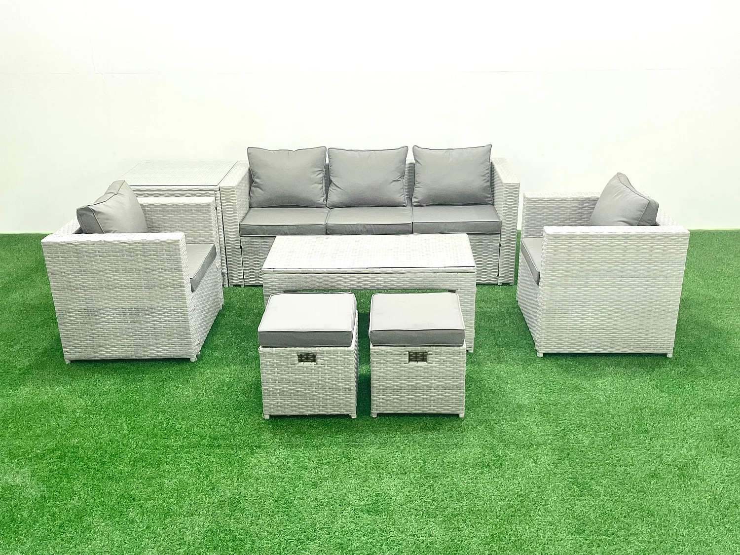 Polyrattan Gartenmöbel Set 7-Sitzer Outdoor Garten Sofa Rechteckiger Couchtisch Set mit 2 Sesseln 2 Hockern Beistelltisch Hellgrau gemischt