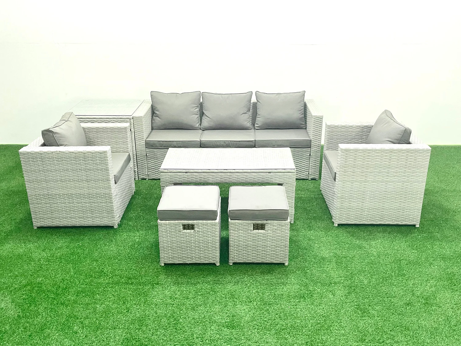 Polyrattan Gartenmöbel Set 7-Sitzer Outdoor Garten Sofa Rechteckiger Couchtisch Set mit 2 Sesseln 2 Hockern Beistelltisch Hellgrau gemischt