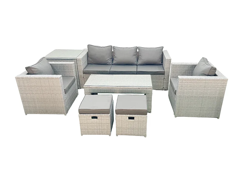Polyrattan Gartenmöbel Set 7-Sitzer Outdoor Garten Sofa Rechteckiger Couchtisch Set mit 2 Sesseln 2 Hockern Beistelltisch Hellgrau gemischt