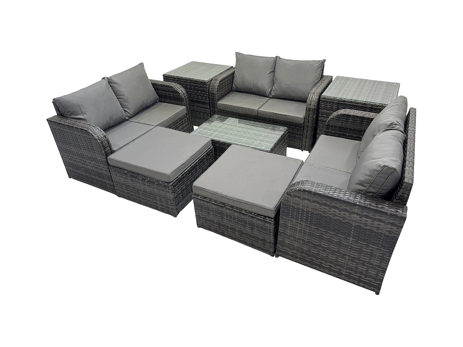 Polyrattan Gartenmöbel Set 8-Sitzer Garten Sofa im Freien Set mit Love Sofa Couchtisch 2 Beistelltischen 2 hohen Hockern Dunkelgrau Gemischt