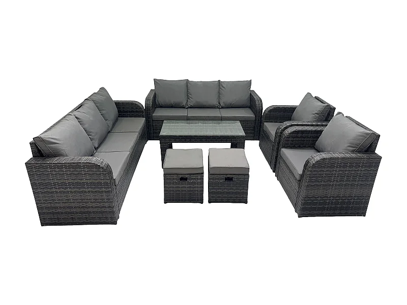 Rattan Gartenmöbel Set im Balkon 10-Sitzer Garten Sofa Set mit Rechteckiger Couchtisch Liegestühle 2 kleine Fußhockern