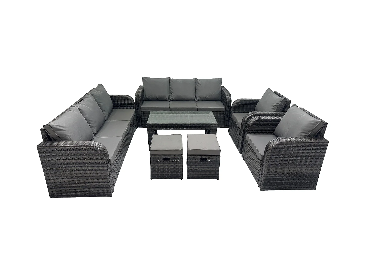 Rattan Gartenmöbel Set im Balkon 10-Sitzer Garten Sofa Set mit Rechteckiger Couchtisch Liegestühle 2 kleine Fußhockern