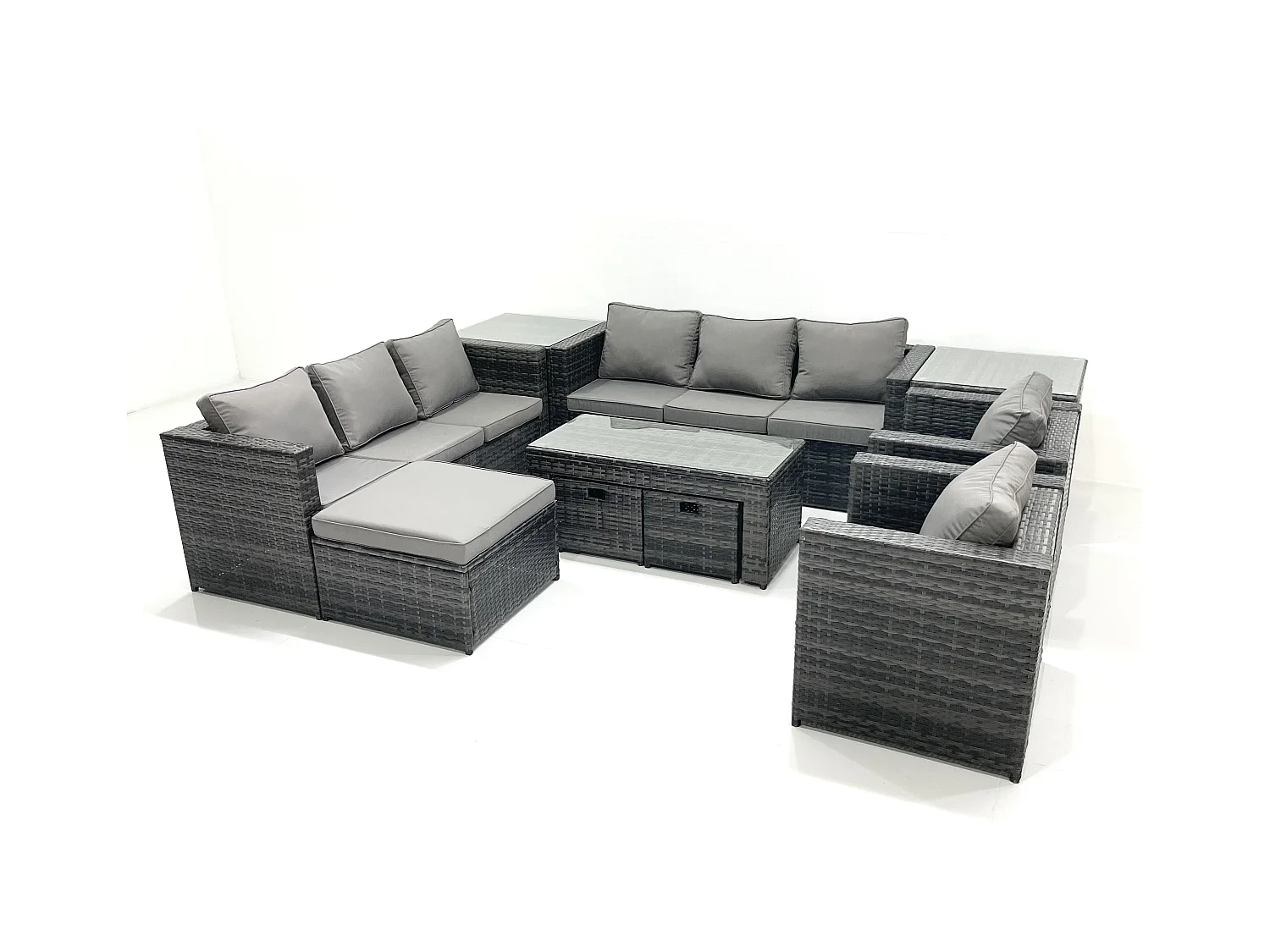 Polyrattan Gartenmöbel set mit Couchtisch Sessel 2 Beistelltischen 3 Hockern Dunkelgrau Gemischt