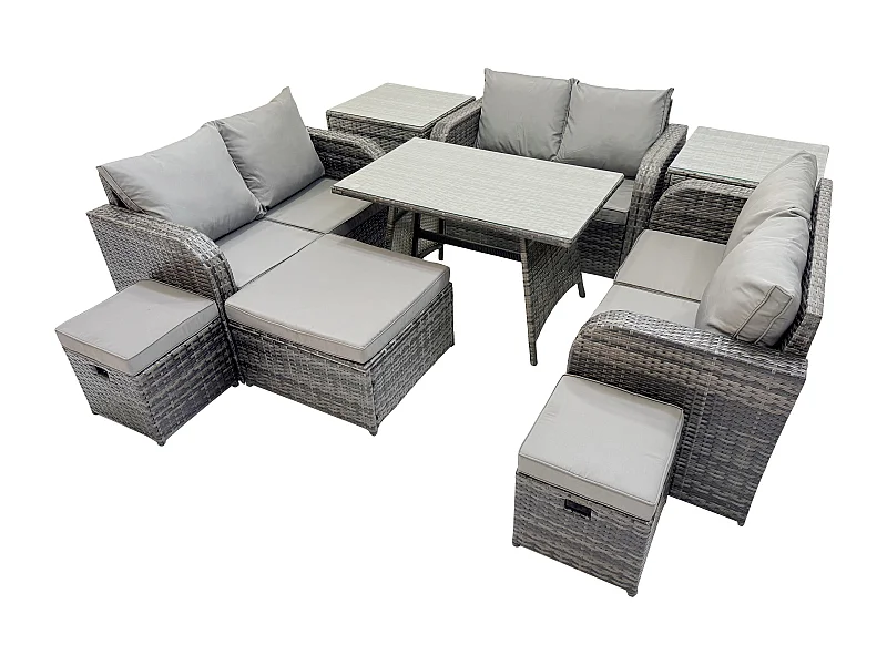 Polyrattan Gartenmöbelset Gartensofa Set Set mit Rechteckiger Esstisch 3 Hockern 2 Beistelltischen Dunkelgrau Gemischt