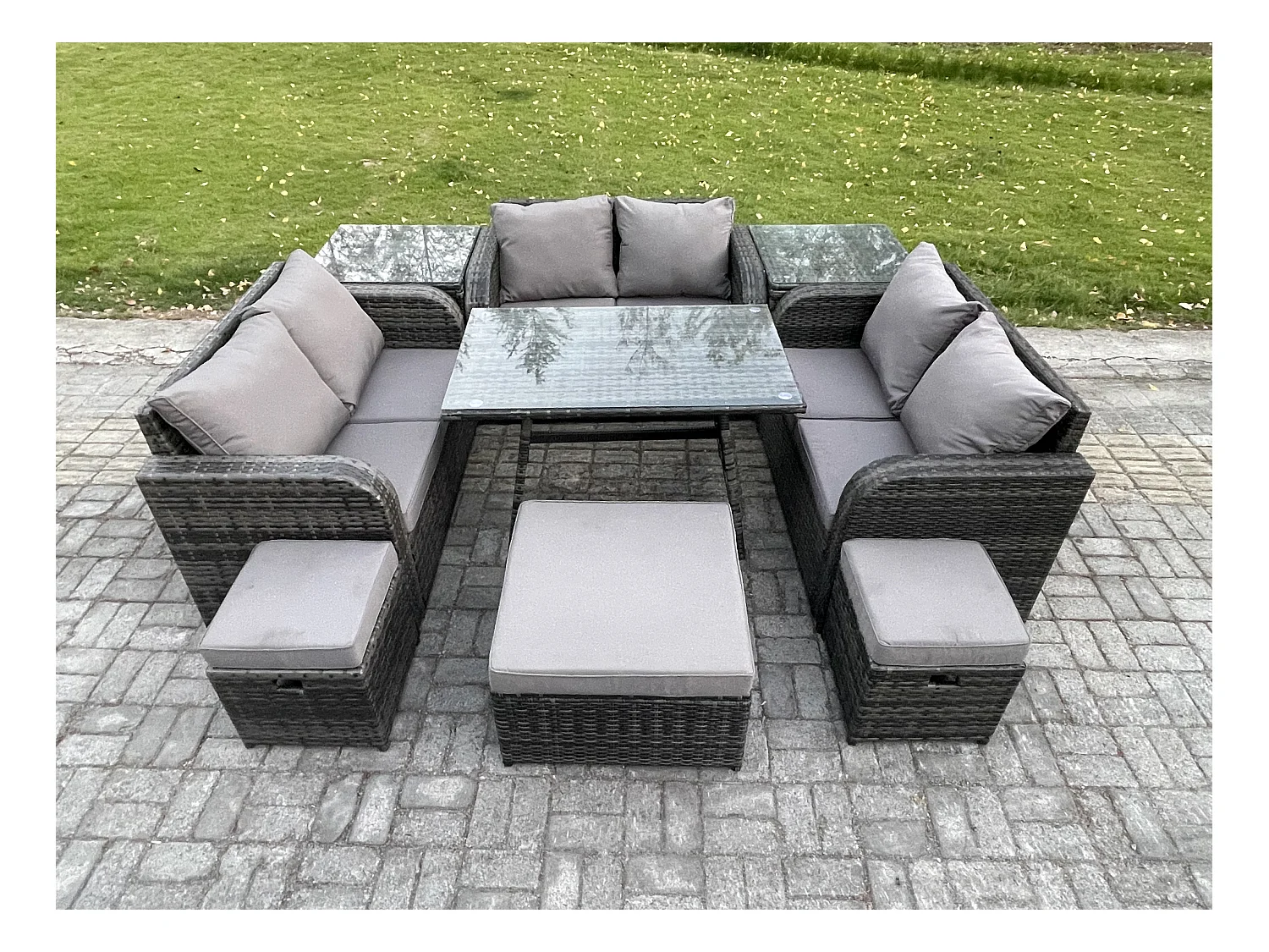 Polyrattan Gartenmöbelset Gartensofa Set Set mit Rechteckiger Esstisch 3 Hockern 2 Beistelltischen Dunkelgrau Gemischt