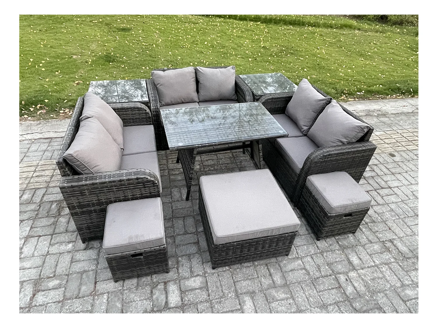 Polyrattan Gartenmöbelset Gartensofa Set Set mit Rechteckiger Esstisch 3 Hockern 2 Beistelltischen Dunkelgrau Gemischt