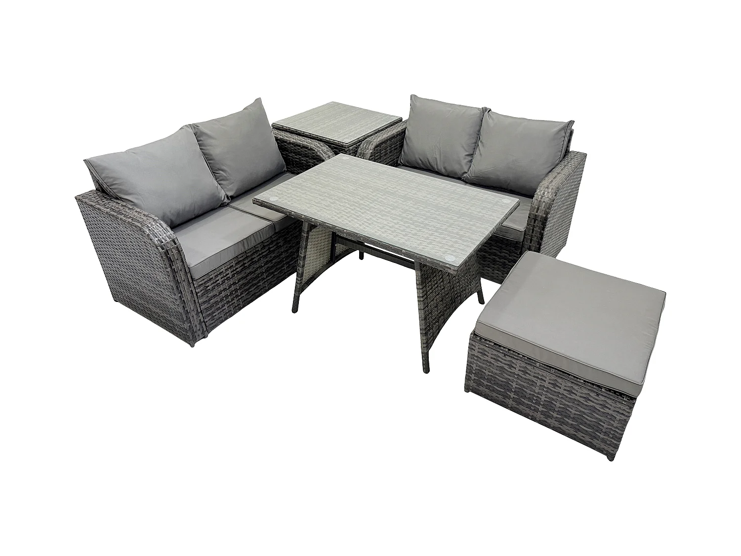Gartenmöbel-Sets 5 Stücke Polyrattan Möbel Sofa Sets mit Rechteckiger Esstisch Love Sofa 2 Großer Hockern Beistelltisch