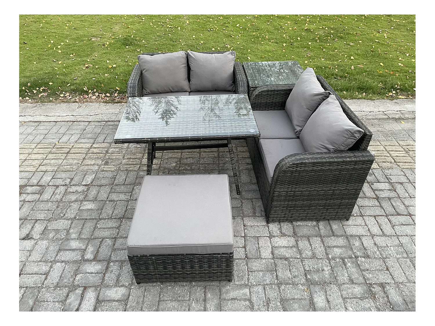 Gartenmöbel-Sets 5 Stücke Polyrattan Möbel Sofa Sets mit Rechteckiger Esstisch Love Sofa 2 Großer Hockern Beistelltisch