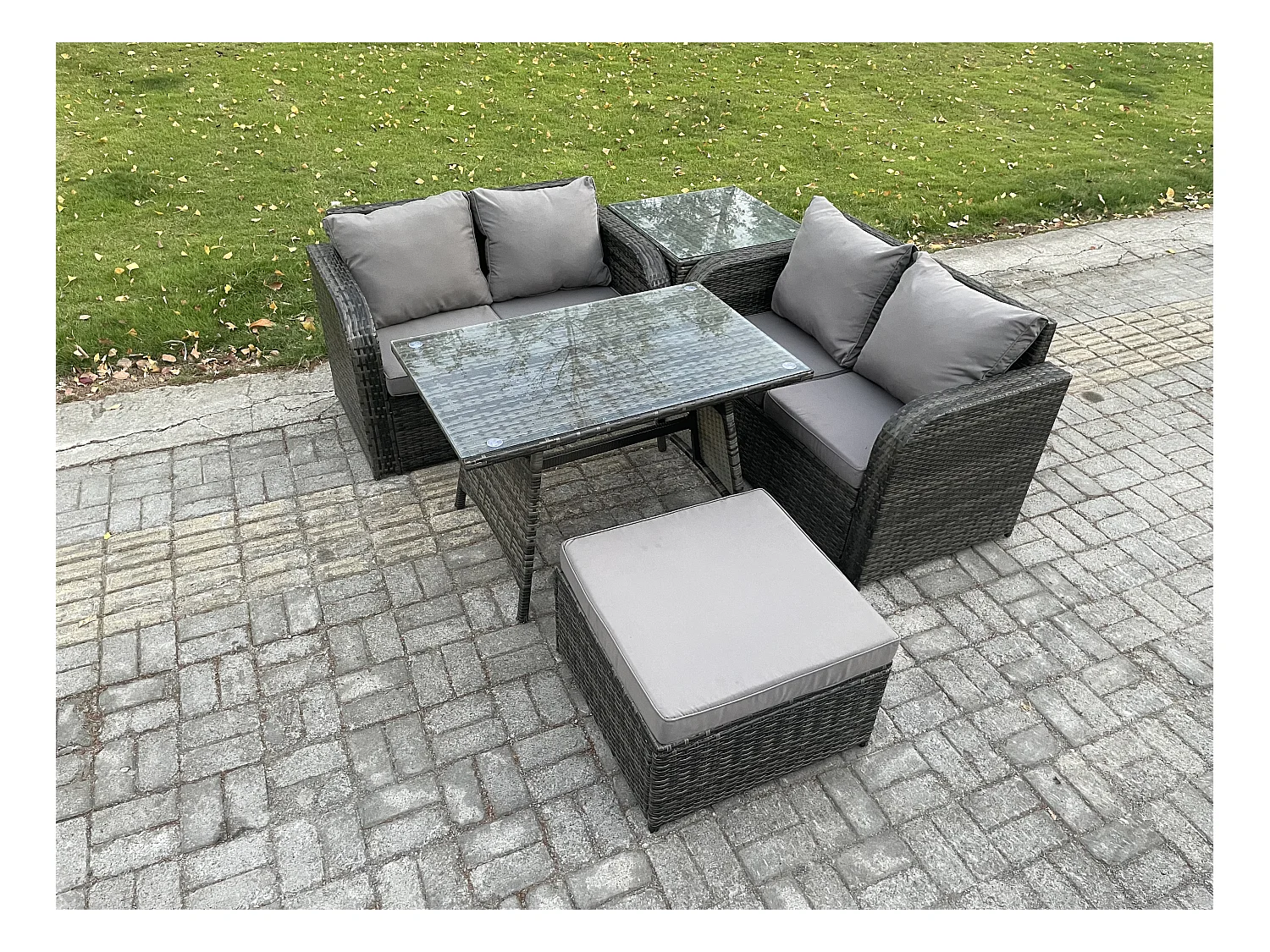 Gartenmöbel-Sets 5 Stücke Polyrattan Möbel Sofa Sets mit Rechteckiger Esstisch Love Sofa 2 Großer Hockern Beistelltisch