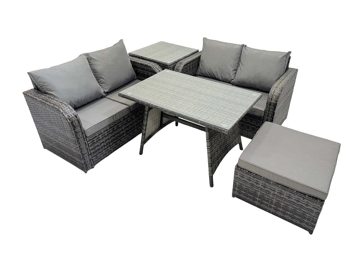 Ensemble de meubles de jardin en polyrotin 5 Pièces avec Table à manger rectangulaire Canapé d'amour Grand tabouret Table d'appoint