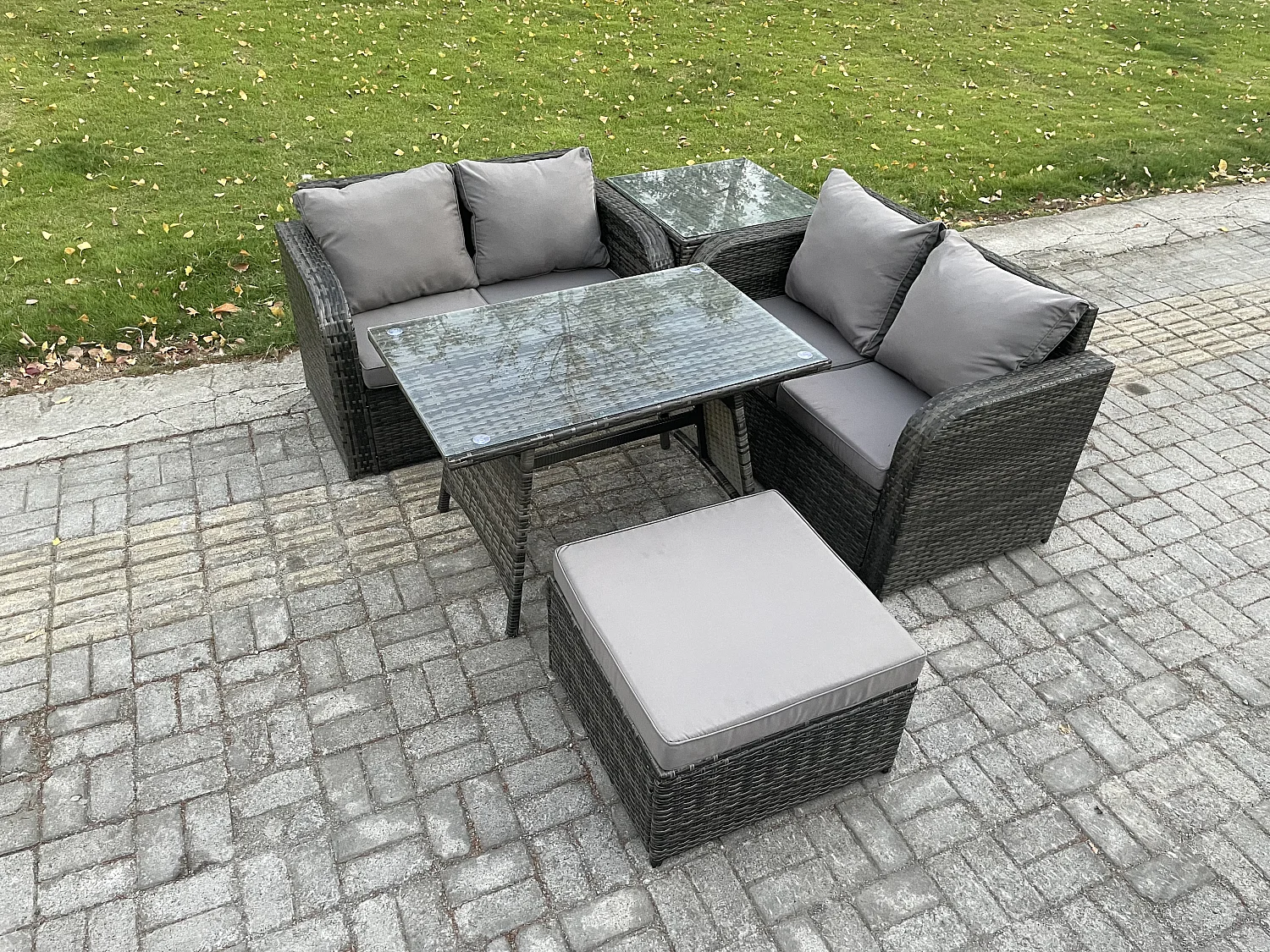 Ensemble de meubles de jardin en polyrotin 5 Pièces avec Table à manger rectangulaire Canapé d'amour Grand tabouret Table d'appoint