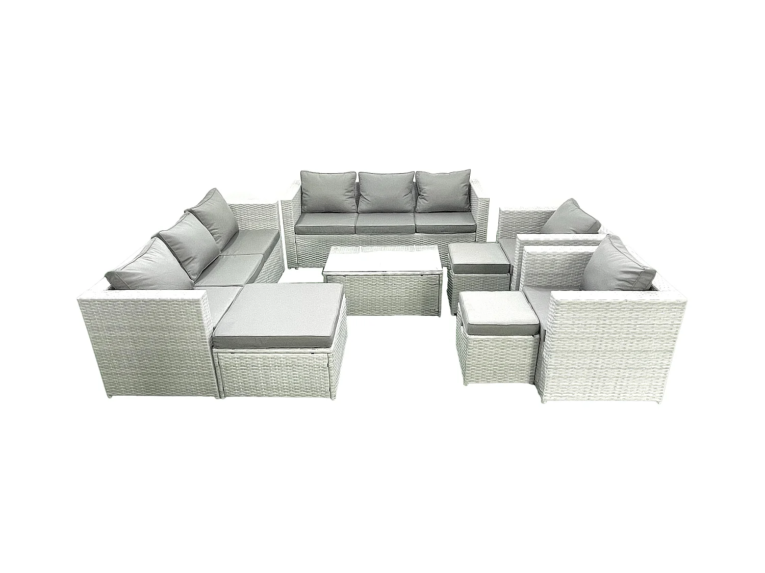 Salon de Jardin en rotin avec 2 Fauteuil Table basse oblongue 3 Tabourets Gris clair mixte