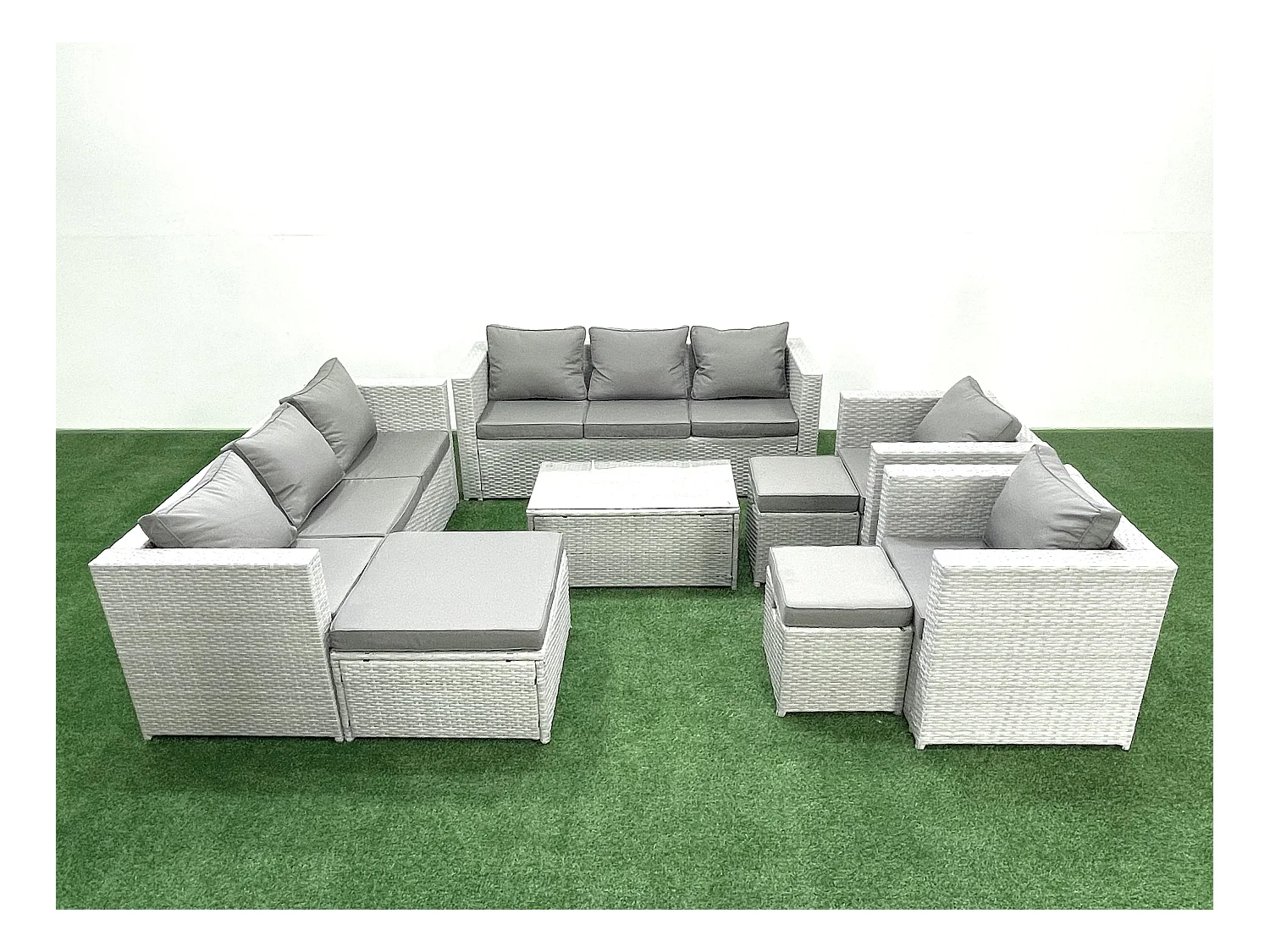 Salon de Jardin en rotin avec 2 Fauteuil Table basse oblongue 3 Tabourets Gris clair mixte