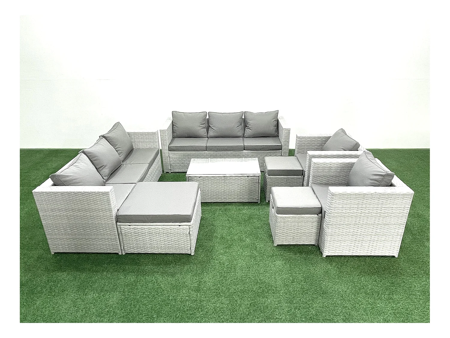 Salon de Jardin en rotin avec 2 Fauteuil Table basse oblongue 3 Tabourets Gris clair mixte