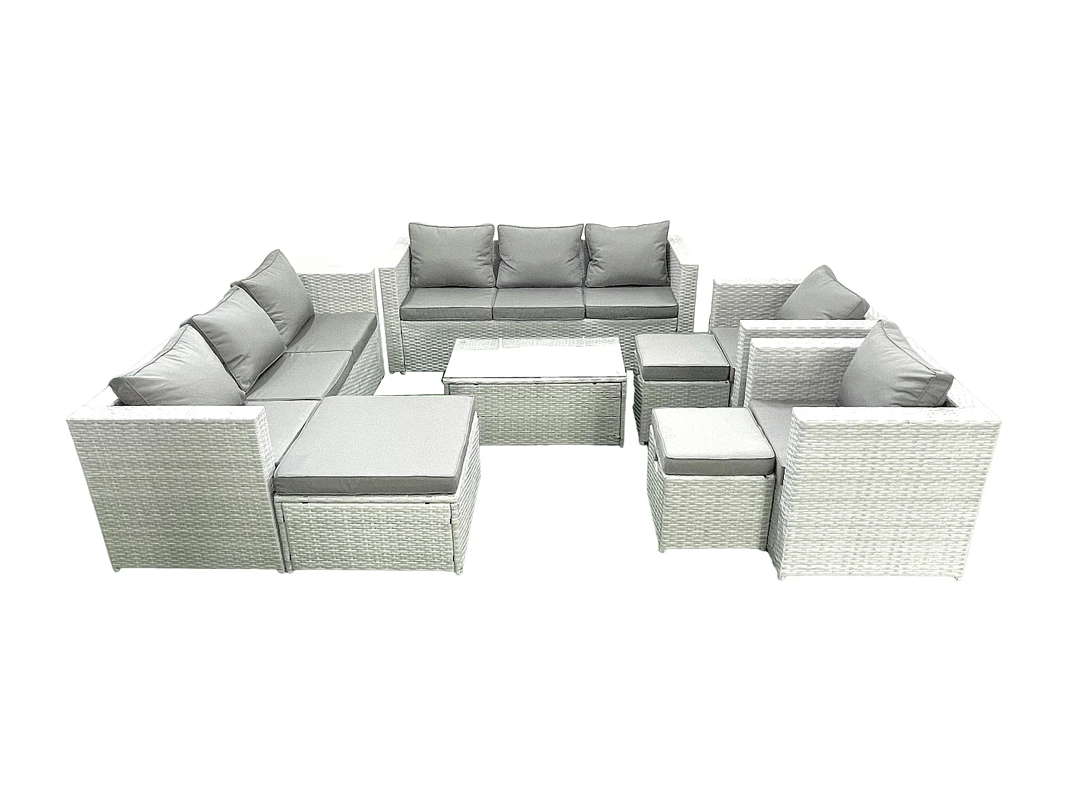 Salon de Jardin en rotin avec 2 Fauteuil Table basse oblongue 3 Tabourets Gris clair mixte