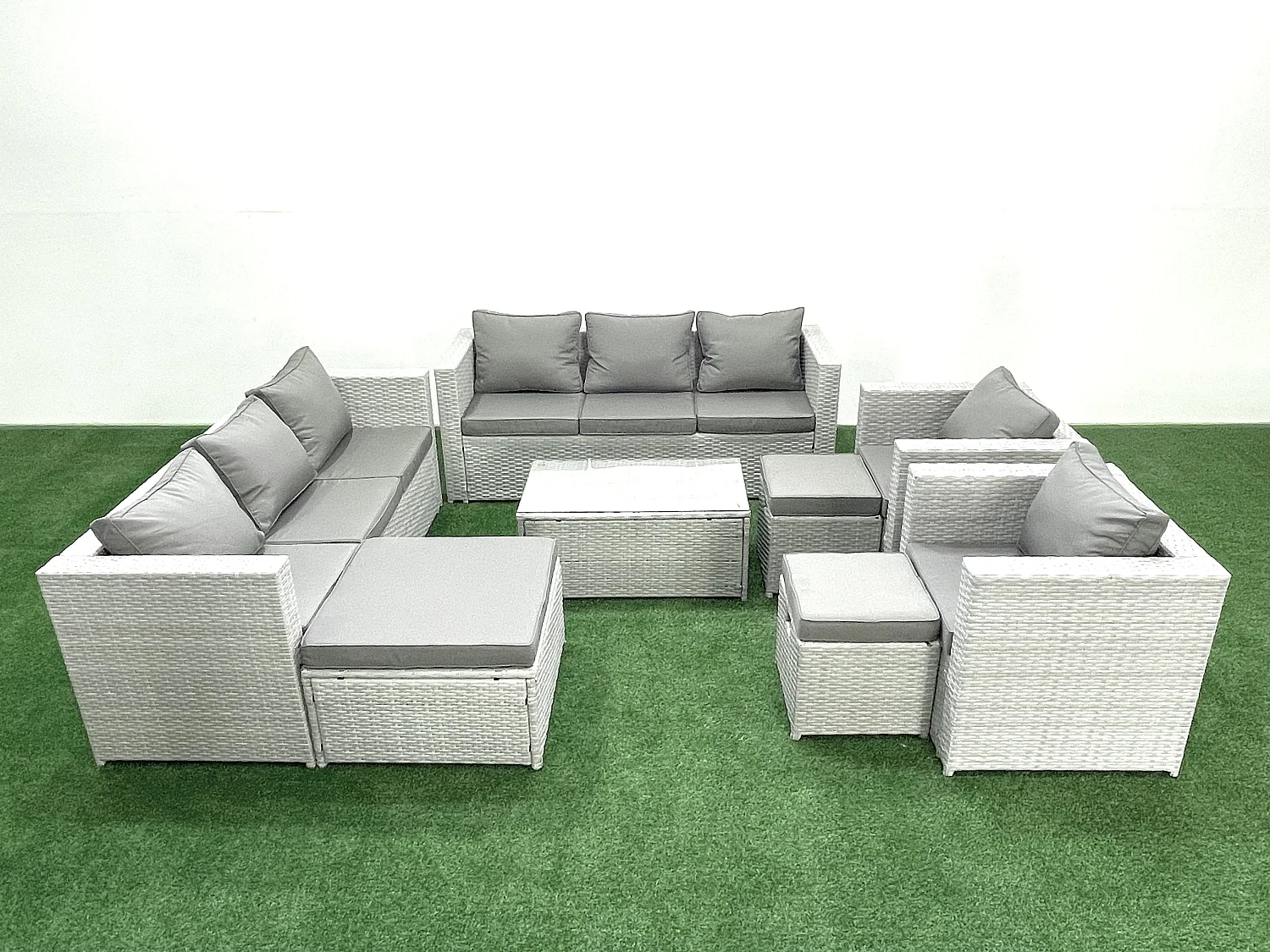 Salon de Jardin en rotin avec 2 Fauteuil Table basse oblongue 3 Tabourets Gris clair mixte