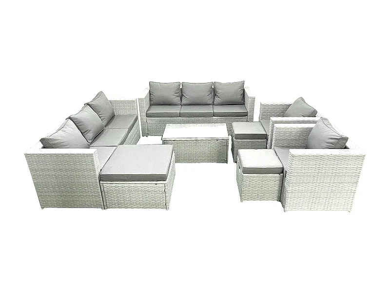 Salon de Jardin en rotin avec 2 Fauteuil Table basse oblongue 3 Tabourets Gris clair mixte