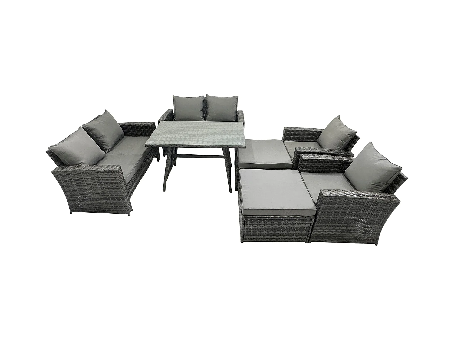 8 places Ensemble de canapé en rotin extérieur avec Table à manger rectangulaire Canapé à deux places 2 Grand tabourets Fauteuil Gris foncé mixte