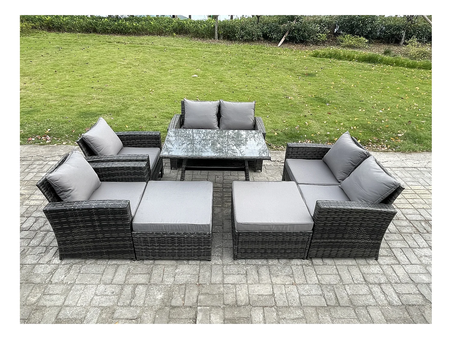 8 places Ensemble de canapé en rotin extérieur avec Table à manger rectangulaire Canapé à deux places 2 Grand tabourets Fauteuil Gris foncé mixte