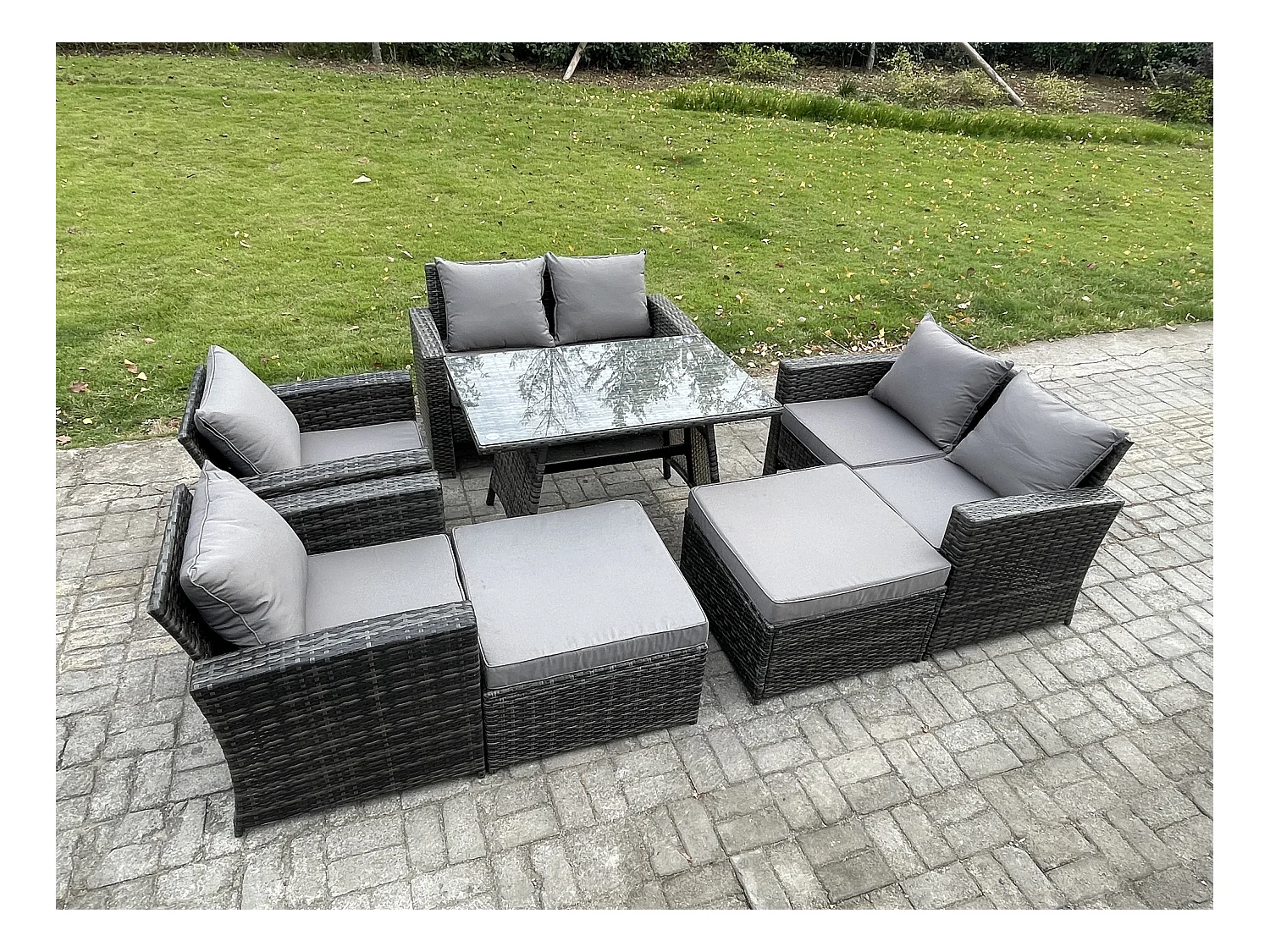 8 places Ensemble de canapé en rotin extérieur avec Table à manger rectangulaire Canapé à deux places 2 Grand tabourets Fauteuil Gris foncé mixte